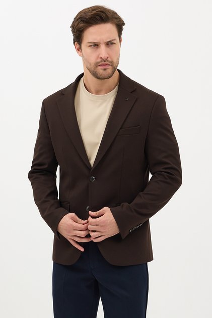 Alfonso Men's Dark Brown Cotton Stretch Fabric Slim Fit Knitted Stretchable Mono Collar Sports Blazer Jacket