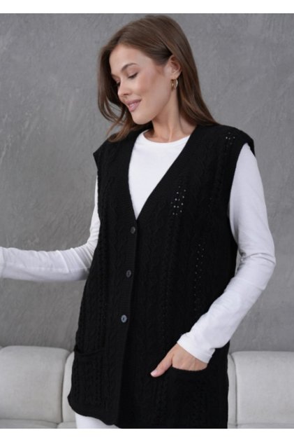 Women's Knitwear Lace-Like Knit Wool Vest with Pocket Detail