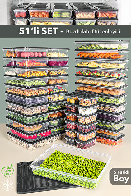 51'li Buzdolabı Organizer Set - Mikrodalgaya Uygun Düzenleyici Difriz Saklama Kabı Antrasit