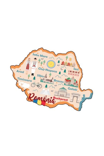 Magnet suvenir din lemn personalizat cu hartă a României și mesaj, model 3