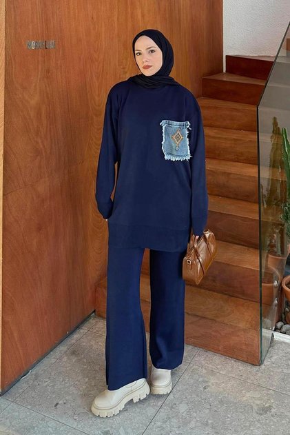 Pocket Detailed Knitwear Set Navy Blue