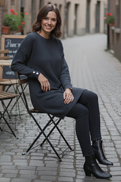 Knitted Sweater with Buttoned Sleeves R4474 Anthracite