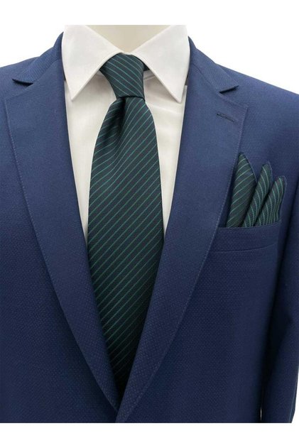 7.5 cm Navy Blue Green Striped Tie and Handkerchief Set