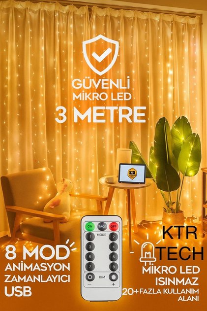 300 Ledli 10 Sarkıtlı Perde Led Işık 8 Fonksiyon Uzaktan Kumandalı 3x3 Metre