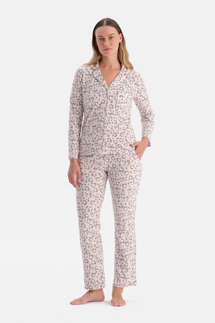 Light Pink Leopard Patterned Waffle Pajama Set