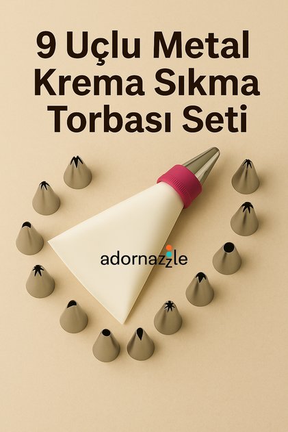9 Uçlu Metal Krema Sıkma Torbası Seti, Paslanmaz Çelik Uçlu Pasta Torba Set