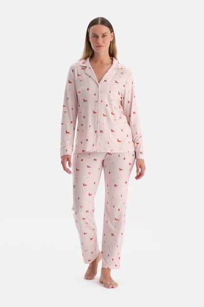 Açık Pembe Baskılı Termal Gömlek Pantolon Pijama Takımı