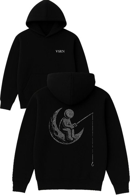 Fishing on the Moon Design Printed Oversized Black Hooded Sweatshirt
