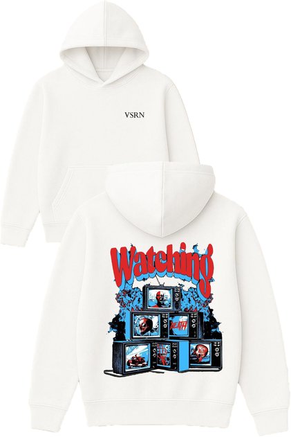 Watchıng Design Printed Oversized White Hooded Sweatshirt