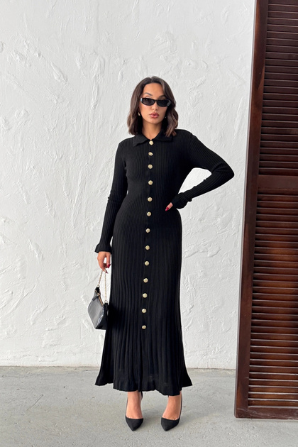URS Woman's black gold button detailed Corded Fabric long knitwear dress-  Trendyol