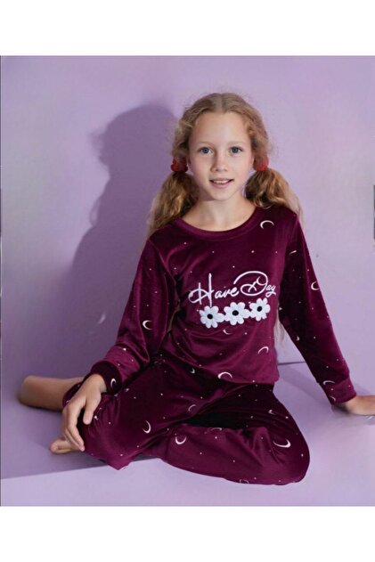 Girl's Velvet Long Sleeve Crew Neck Flower Pattern Pajamas Set