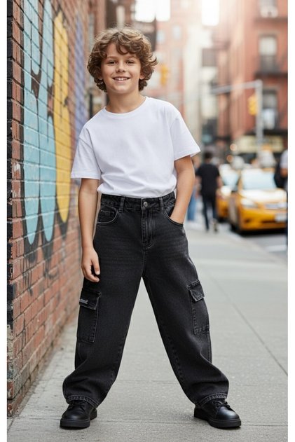 Boys' Side Pocket Baggy Fit 100% Cotton Denim Pants