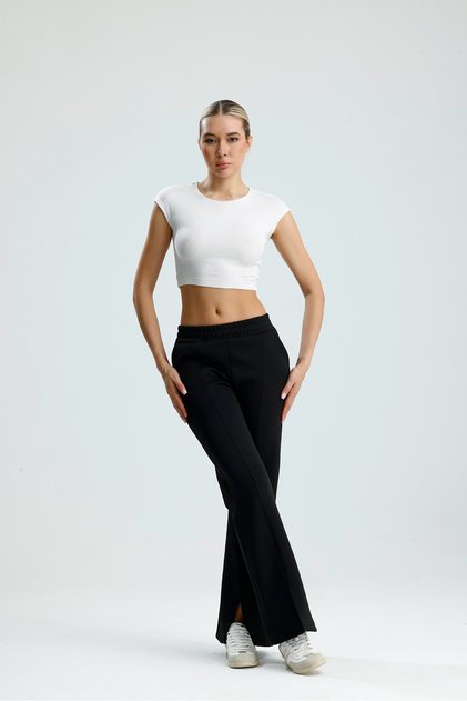 Slit Detailed Leg Premium Puff Scuba Elastic Waist Pocketed Trousers