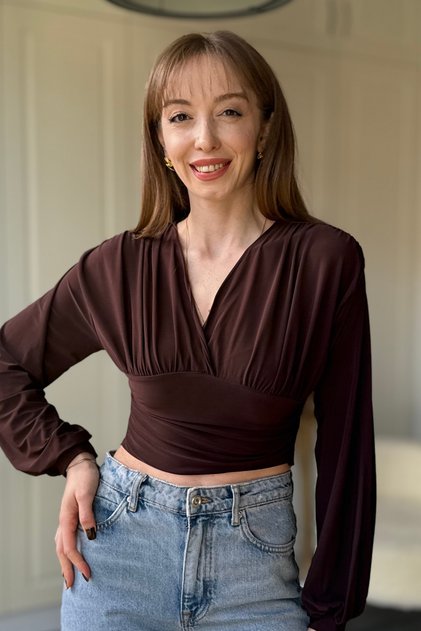 V Neck Draped Brown Bodysuit