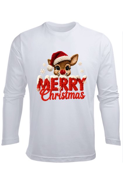 Long Sleeve Deer Merry Christmas Printed Cotton Embroidery Printed New Year Christmas T-Shirt