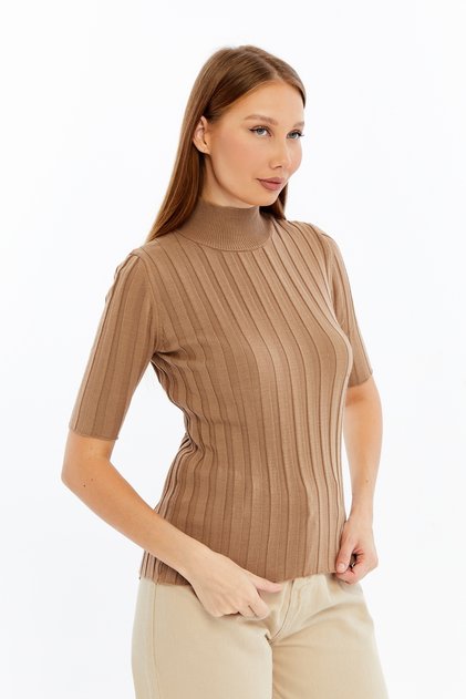 Mock Neck Short Sleeve Corded Fabric Knitwear Sweater