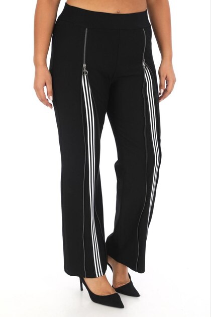 Women's Plus Size Lycra Pants – Elastic, High Waist, Long Zipper Detail, White Stripes