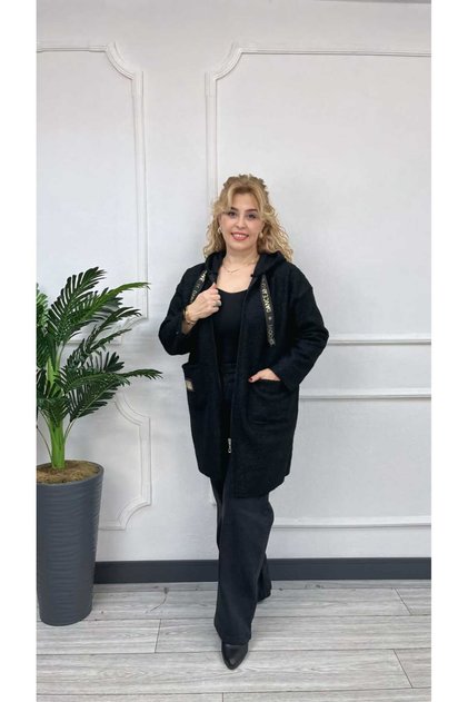 KADIN KAPÜŞONLU CEPLİ BUKLET KUMAŞ MEVSİMLİK MONT