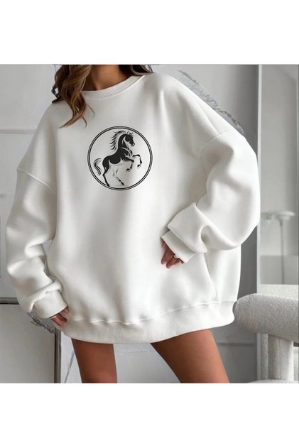 Oversized at Printed Sweater Highlights the Simplicity of White and the Free Spirit of Horse Themes.