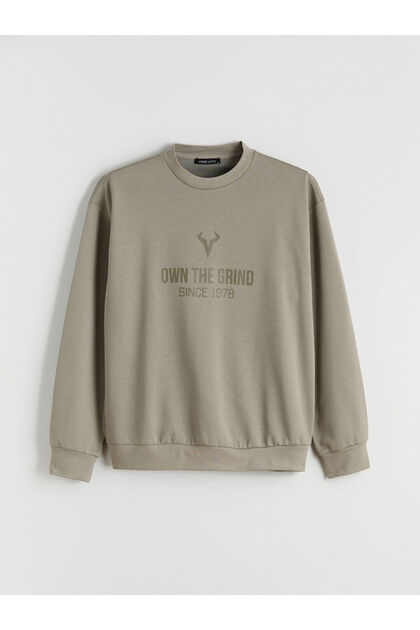 Khaki Crew Neck Printed Men's Sweatshirt