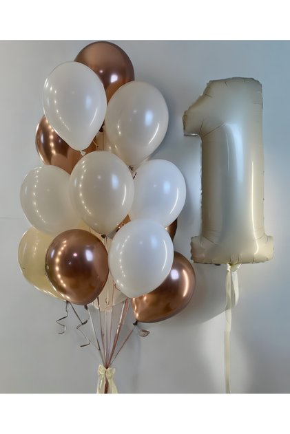 1 Year Old Birthday Balloon Set – Cream, White and Brown Balloon Bundle + 1 Number Foil Balloon