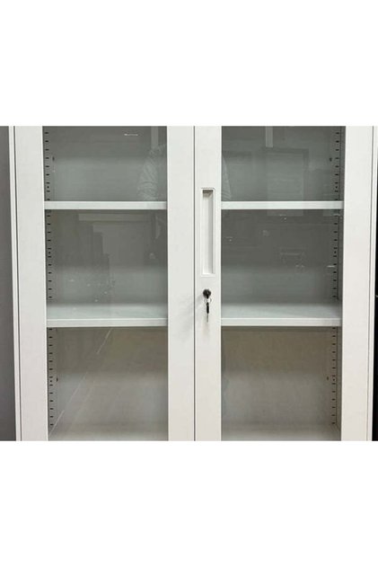1.85m Steel Filing Cabinet with Tempered Glass Swing Doors and Key Lock (185x90x40cm)
