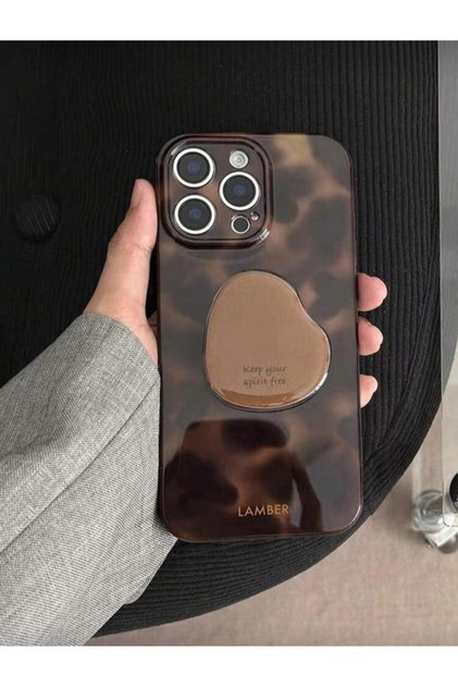 İphone 14 PRO Retro amber desenli kahve çekirdeği tutucu aparatlı telefon kılıfı