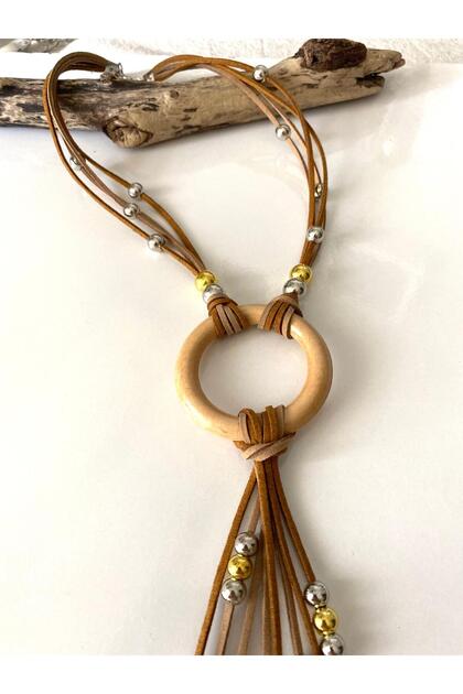 Bohemian Authentic Wooden Ringed Suede Cord Gold, Silver Beaded Necklace