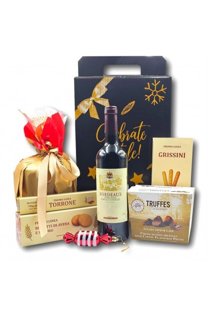 Pachet cadou de Craciun, ®, model Premio Linea, cu vin de Bordeaux, trufe frantuzesti de ciocolata si o multime de alte surprize special alese pentru a aduce emotie si bucurie