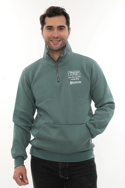 Men's Petrol Standard Fit Regular Cut Fleece Lined Half Zipper Stand Collar Cotton Sweatshirt