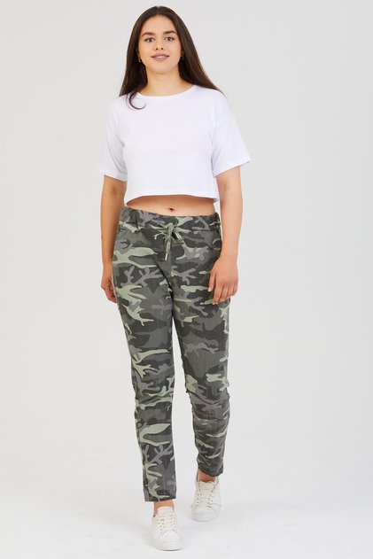 Women's Khaki Italian Camouflage Pattern Lycra Pants Size 38 - 46