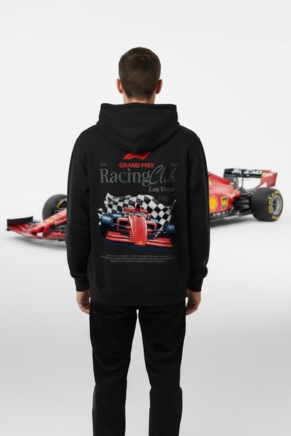 Las Vegas Racing Club Printed Hooded Semi Oversized Sweatshirt Black Hoodie 1412