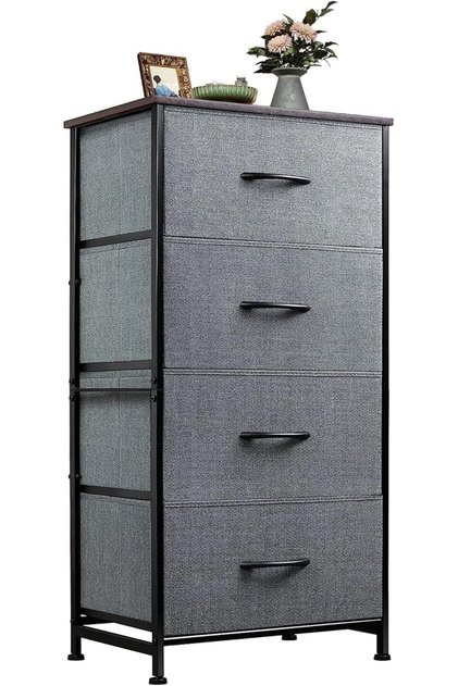 4-Drawer Fabric Dresser Storage Tower with Steel Frame and Wooden Top (Gray)