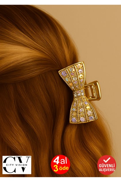 4 cm Gold Bow Hair Clip with Stones – Sparkling and Elegant Metal Hair Accessory