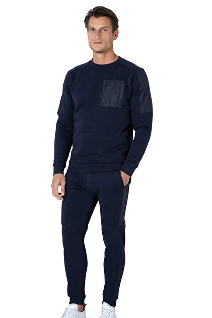 100% Cotton Men's 3 Thread Sh Fleece-Lined Tracksuit Set, Crew Neck Sleeves with Cuffs, Slim Fit