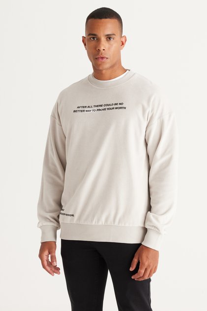 Light Gray Loose Fit Fleece Lined 3 Thread Crew Neck Long Sleeve Sweatshirt