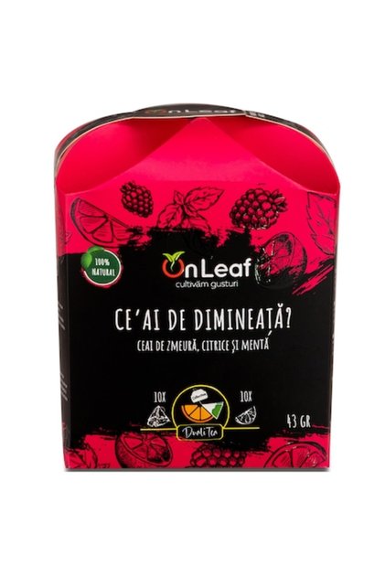 Ceai OnLeaf de zmeură, citrice și mentă, 10 pliculețe de ceai + 10 bucăți de fructe deshidratate, 43 g