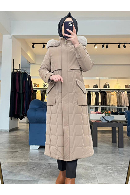 ベルセレージュ　3点 Zühre Kadın Kürk Kapüşonlu Cep Detaylı Bej Mont 13685 - Fiyatı