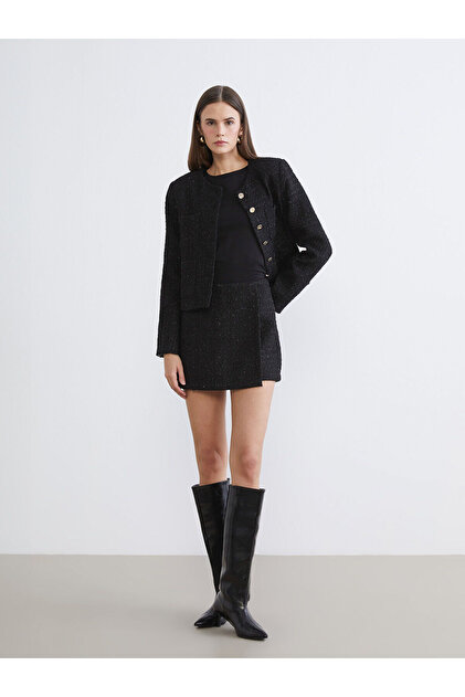 Lcw vision black waist zipper textured tweed skirt shorts