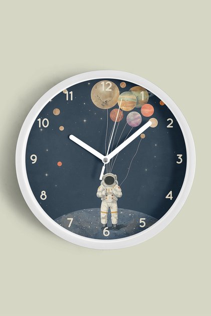 Uzay, Astronot, Gezegen Çocuk Odası Modern Duvar Saati - Orta Boyut 30 cm - Beyaz - Camlı Sessiz