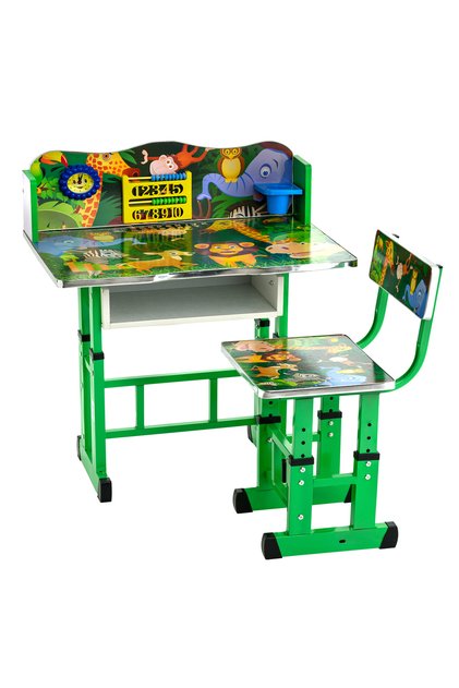 Birou cu scaun pentru copii, reglabile, cadru metalic si lemn, verde, Jungla B6