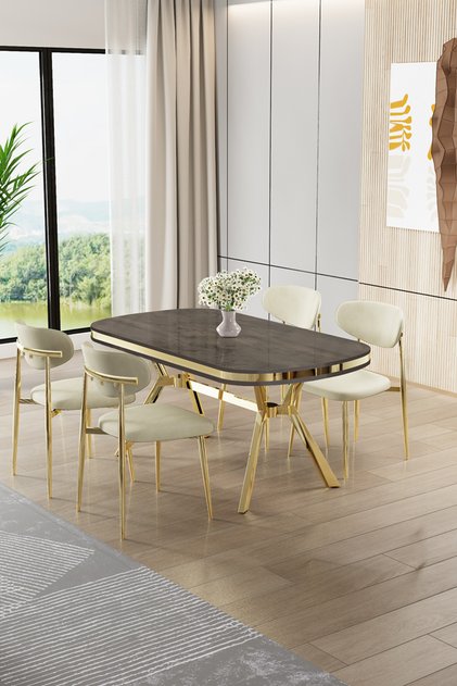 Olya Serisi 90x168 MDF Sabit Lak Panel Antrasit İroni Masa Takımı Gold Ayaklı 4 Krem Sandalye