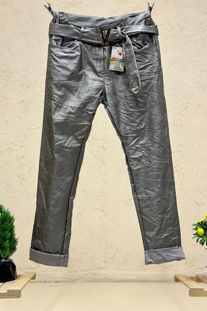 V buckle crash leather imported pants