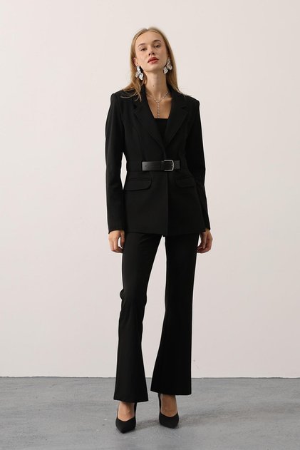 Women's Belted Blazer Jacket Black