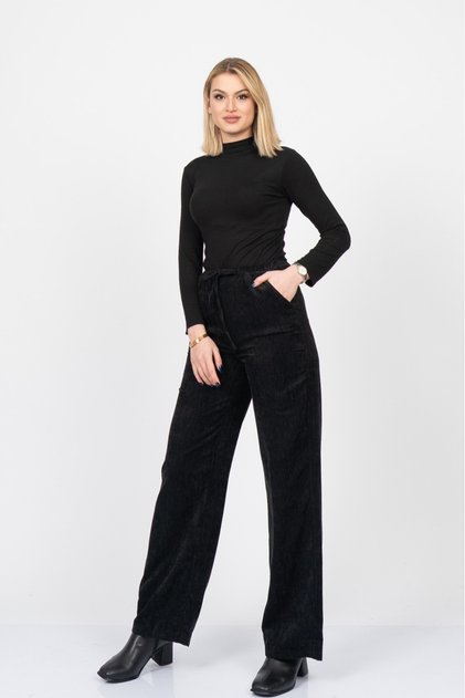 Women's Winter Black High Waist Eden Ribbed Straight Trousers Casual Daily Office Stylish 30313