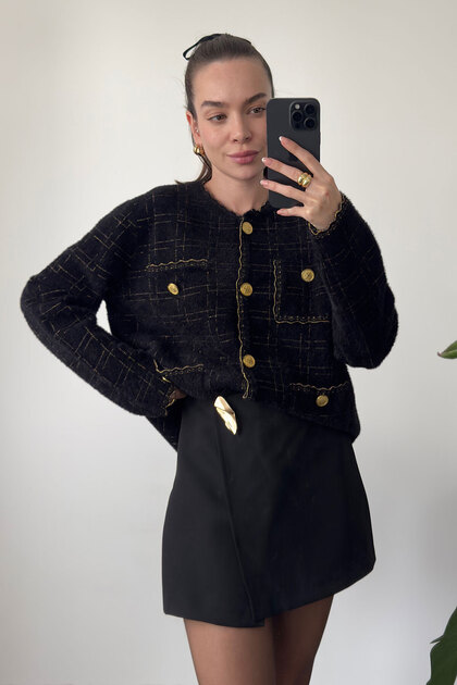 Plaid Pattern Glitter Knitwear Cardigan - Black