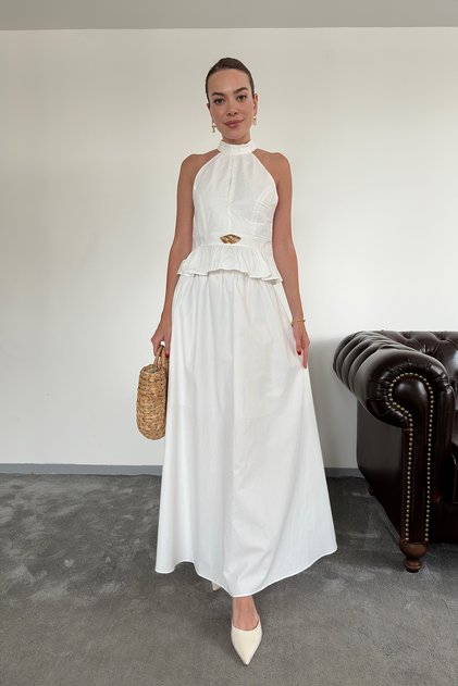 Premium Skirt Suit with Gold Brooch - White