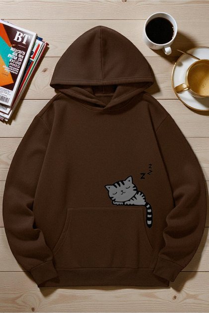 Unisex Sleeping Cat Printed Hooded Sweatshirt