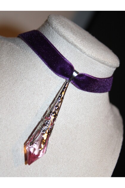 Çelik Pembe Kristal Asalet Mor Kadife Choker (El yapımı)