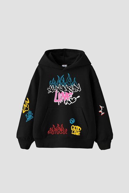 Love Graffiti Printed Oversized Unisex Black Hoodie